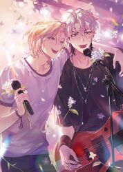  2boys absurdres arm_around_shoulder black_shirt blonde_hair blue_eyes blush commentary cowboy_shot eunho_(plave) falling_petals fangs flower guitar guitar_strap hair_between_eyes highres holding holding_microphone instrument jewelry k-pop light_rays looking_ahead male_focus microphone microphone_stand mole mole_under_eye multiple_boys music necklace noah_(plave) open_mouth parted_bangs petals plave playing_guitar playing_instrument red_eyes shirt short_hair short_sleeves smile stage_lights symbol-only_commentary teeth upper_teeth_only ven0305 white_flower white_hair white_shirt wristband 