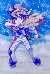  1boy armor belt belt_pouch blizzard blue_vest brown_belt brown_cloak brown_eyes brown_hair cloak commentary_request full_body highres ikusabe_wataru male_focus mashin_eiyuuden_wataru mizutani_kenta one_eye_closed outdoors pants parted_lips pouch sheath sheathed shirt shoes short_hair shoulder_armor snow snowing solo standing sword sword_on_back torn_cloak torn_clothes vest weapon weapon_on_back white_pants white_shirt white_shoes wristband 