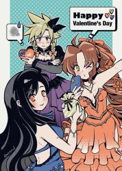  1boy 2girls aerith_gainsborough aerith_gainsborough_(red_dress) ahoge aqua_background armlet bare_shoulders black_bow black_hair blue_negligee blue_ribbon blush border bow bracelet braid breasts brown_hair choker cloud_strife cloud_strife_(blue_dress) commentary cowboy_shot crossdressing crossdressing_(mtf) crossed_arms dress english_commentary final_fantasy final_fantasy_vii final_fantasy_vii_remake flamenco_dress flower frilled_dress frills furrowed_brow gift gold_armlet green_eyes hair_bow hair_flower hair_ornament hair_ribbon happy_valentine highres holding holding_gift jewelry light_blush long_dress long_hair looking_at_viewer medium_breasts miri_(mirik) multiple_girls multiple_necklaces necklace negligee official_alternate_costume official_alternate_hairstyle one_eye_closed parted_bangs ponytail purple_dress purple_nails red_bow red_dress red_eyes red_flower red_nails red_ribbon ribbon ribbon_choker ringlets side_slit sidelocks spiky_hair spoken_squiggle squiggle star_(symbol) star_bracelet star_necklace strapless strapless_dress sweatdrop tifa_lockhart tifa_lockhart_(refined_dress) twin_braids twitter_username violet_eyes white_border 