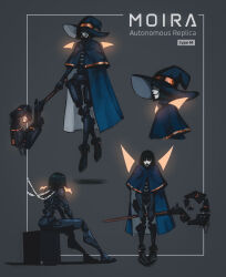  1girl absurdres android black_hair blue_cape blue_hat cable cape closed_mouth commentary english_commentary floating grey_background hat highres holding holding_staff inset_border multiple_views open_mouth original short_hair sitting staff titanartx triangle witch witch_hat yellow_eyes 