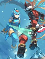  1boy 1girl absurdres android armor blonde_hair blue_armor blue_eyes blue_helmet breasts crop_top energy_sword fairy_leviathan_(mega_man) fins forehead_jewel full_body gem head_fins helmet highres holding holding_sword holding_weapon humanoid_robot long_hair mega_man_(series) mega_man_zero_(series) omochi_(mochi_skymega) polearm red_helmet robot robot_girl smile sword water weapon z_saber zero(z)_(mega_man) zero_(mega_man) 