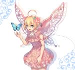  1girl ahoge blonde_hair butterfly butterfly_wings fairy fairy_wings flower green_eyes hair_flower hair_ornament jyh original solo wings 