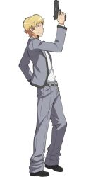  1boy anime_coloring ansatsu_kyoushitsu belt black_belt black_necktie black_shoes blonde_hair full_body grey_jacket grey_pants grin gun handgun holding holding_gun holding_weapon jacket kunugigaoka_middle_school_uniform morita_kazuaki muramatsu_takuya necktie official_art pants school_uniform shirt shoes simple_background smile solo standing tachi-e transparent_background weapon white_shirt 
