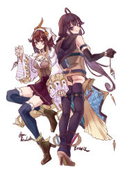  2girls ahoge artist_name atelier_(series) atelier_sophie_2 belt black_thighhighs blue_belt boots breasts brown_boots brown_eyes brown_shoes coat collared_coat commentary elbow_gloves full_body gloves grandmother_and_granddaughter hair_ornament high_heels highres holding holding_jewelry jewelry large_breasts long_coat long_hair long_sleeves looking_at_viewer medium_breasts multiple_girls pleated_skirt purple_hair qmmparabellum ramizel_erlenmeyer red_hair red_skirt shoes short_hair sidelocks skirt smile sophie_neuenmuller standing thigh-highs twintails violet_eyes white_background white_coat 