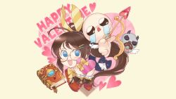  1girl 3boys :d absurdres ahoge apollyon_(the_binding_of_isaac) arrow_(projectile) artist_request bald black_eyes black_fur black_horns blue_eyes blue_sclera blush book bookmark bow bow_(weapon) bowtie box brown-framed_eyewear brown_dress buttons colored_sclera colored_skin cropped_jacket crying doughnut dress english_commentary english_text eyelashes food glasses gold_buttons grey_skin guppy_(the_binding_of_isaac) half_updo happy_valentine heart heart-shaped_box heart_arrow heart_background highres holding holding_arrow holding_bow_(weapon) holding_donut holding_food holding_weapon horns isaac_(the_binding_of_isaac) jacket long_hair looking_at_viewer lore_(remilore) multiple_boys nose_pads official_art open_mouth pawpads ponytail red_jacket red_sleeves remi_(remilore) remilore_~shoujo_to_isekai_to_madousho~ round_eyewear second-party_source sidelocks simple_background sleeve_cuffs smile streaming_tears tears teeth the_binding_of_isaac tuxedo_cat undershirt upper_teeth_only v-shaped_eyes valentine very_long_hair weapon white_fur white_wings wing_collar winged_hair_ornament wings x_x yellow_background yellow_bow yellow_bowtie 