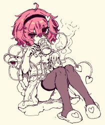  1girl ahoge black_thighhighs cigarette cup full_body hair_between_eyes hairband heart highres holding holding_cigarette holding_cup knees_up komeiji_satori looking_at_viewer mug one_eye_closed pink_eyes pink_hair rampa93 short_hair simple_background sitting skirt slippers solo thigh-highs third_eye touhou 