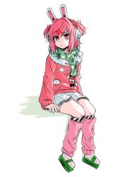  1girl alternate_costume animal_ears cardigan closed_mouth doki_doki_literature_club earmuffs fake_animal_ears fur-trimmed_cardigan fur_trim green_sandals green_scarf hair_intakes hair_ornament hair_ribbon highres invisible_chair kneehighs leg_warmers long_sleeves natsuki_(doki_doki_literature_club) pink_cardigan pink_eyes pink_hair pink_leg_warmers plaid_clothes plaid_scarf pleated_skirt print_cardigan rabbit_ears red_ribbon ribbon sandals scarf short_hair simple_background sitting skirt sleeves_past_wrists slides socks solo ting_mong two_side_up white_background white_skirt white_socks 