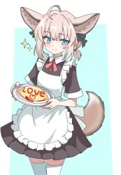  1girl absurdres ahoge animal_ears apron arknights black_dress blue_background blue_eyes blush border brown_tail closed_mouth commentary_request cowboy_shot dress eggplant7217 enmaided fingernails food highres holding holding_plate looking_at_viewer maid maid_apron omelet outside_border pink_hair plate pleated_dress short_hair short_sleeves simple_background smile solo sparkle standing sussurro_(arknights) tail thigh-highs white_apron white_border white_thighhighs 