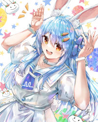  1girl absurdres animal_ear_fluff animal_ears blue_hair carrot_hair_ornament choker commentary food-themed_hair_ornament hair_ornament highres hololive long_hair official_alternate_costume open_mouth orange_eyes pekomon_(usada_pekora) rabbit-shaped_pupils rabbit_ears rabbit_girl sailor_collar shirt sidelocks skirt smile solo symbol-shaped_pupils u_da_desu usada_pekora usada_pekora_(casual) very_long_hair virtual_youtuber white_choker white_sailor_collar white_shirt white_skirt 