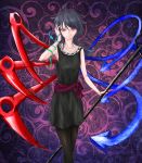  1girl ahoge armpits asakura_beria asymmetrical_wings bare_arms black_dress black_hair cross dress hand_in_hair hand_on_own_head highres houjuu_nue jewelry looking_at_viewer multicolored_background necklace pantyhose patterned_background polearm red_eyes sash short_hair smile snake solo touhou trident weapon wings 