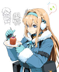 1girl blonde_hair blue_coat blue_eyes blue_gloves blue_hairband blue_jacket coat commander_(girls'_frontline) commentary_request dessert earmuffs food fur_trim girls'_frontline_2:_exilium girls_frontline gloves hair_ornament hairband highres ichi_illust001 jacket mayling_shen_(girls'_frontline_2) simple_background snowflake_hair_ornament suomi_(girls'_frontline) suomi_(girls'_frontline_2) winter_clothes winter_coat