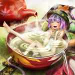  1girl bathing blush bowl closed_eyes clothes_removed cup hammer hat highres kouji_oota minigirl naked_towel needle open_mouth purple_hair smile solo steam sukuna_shinmyoumaru teacup teapot touhou towel 