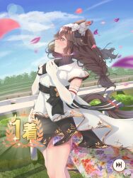  1girl absurdres animal_ears asymmetrical_gloves blush braid brown_hair bush commentary_request curren_bouquetd'or_(umamusume) detached_sleeves dress elbow_gloves falling_petals floral_print floral_print_skirt flower gloves grass hair_between_eyes hair_ornament hairband highres horse_ears horse_girl horse_tail kumakuma19193 long_hair mismatched_gloves multicolored_dress name_tag_hair_ornament petals print_skirt railing skirt smile tail teardrop tearing_up tears thighs twin_braids umamusume user_interface 