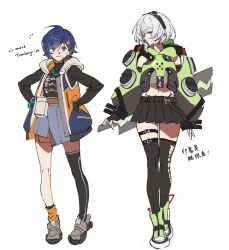  2girls anby_demara bare_shoulders belle_(zenless_zone_zero) belt black_gloves black_shirt black_skirt black_thighhighs blue_hair braid braided_sidelock closed_mouth fingerless_gloves full_body gloves green_eyes green_jacket green_sleeves grey_hair hair_ornament hands_in_pockets hashtag-only_commentary headphones hood hooded_jacket jacket letter_hair_ornament lingzi midriff multicolored_sleeves multiple_girls navel shirt short_hair simple_background single_thighhigh skirt sleeveless sleeveless_jacket smile thigh-highs thigh_belt thigh_strap white_background zenless_zone_zero 