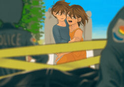  2boys 2others ambiguous_gender antenna_hair blue_sky blue_sweater blurry blurry_background blurry_foreground brothers brown_eyes brown_hair caution_tape collarbone commentary_request dark-skinned_male dark_skin day hair_behind_ear hero_(faraway)_(omori) hero_(omori) kel_(faraway)_(omori) kel_(omori) long_sleeves looking_at_viewer lower_teeth_only male_focus msdnno_kabe multiple_boys multiple_others omori open_mouth orange_shorts outdoors short_hair shorts siblings sky sweat sweater teeth tongue 