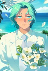  1boy 74000000star blue_necktie blush bouquet collared_shirt commentary cove_holden crying crying_with_eyes_open english_commentary falling_petals flower formal_clothes green_eyes green_hair highres holding holding_bouquet horizon jacket looking_at_viewer male_focus necktie our_life our_life:_beginnings_and_always outdoors petals poppy_(flower) shirt short_hair smile solo suit tears upper_body white_jacket white_shirt white_suit 