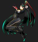  1girl bayonetta bayonetta_(character) black_hair blue_eyes bodysuit breasts earrings glasses haine_(howling) high_heels jewelry long_hair solo very_long_hair 