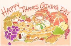  1boy 2girls :d :q =_= absurdres adventurer_(dungreed) apple apple_slice armor artist_request autumn autumn_leaves baby_animal beagle berry black_eyes black_fur blade_strangers blonde_hair blue_eyes bow braid brown_eyes brown_fur brown_hair brown_sleeves cave_story charger_(the_binding_of_isaac) commentary corn corn_cob dog doggo_(dungreed) dungreed eating english_commentary english_text floppy_ears food fruit furry furry_female gold_armor grapes green_vest hair_bow headband headpiece helen_(blade_strangers) highres holding holding_food holding_grape jenka's_puppies leaf long_hair low-braided_long_hair low-tied_long_hair lying mimiga missing_tooth monster multiple_girls official_art on_back on_food orange_background outline oversized_food oversized_object padded_vest pauldrons pear pie ponytail print_headband pumpkin puppy red_bow second-party_source shiba_inu shoulder_armor shuriken_print sidelocks simple_background sleeping smile spiky_hair thanksgiving the_binding_of_isaac tongue tongue_out tooth_gap toroko two-tone_fur vest white_dog white_fur white_outline worm yellow_headband 