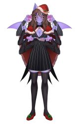  1girl absurdres animal_ears arthropod_girl asymmetrical_legwear bat_ears blood blood_on_clothes blood_on_hands blood_on_knife blood_on_weapon brown_hair cape colored_sclera colored_skin cosplay dante_will dante_will_(spider) extra_arms extra_eyes fingernails fur-trimmed_cape fur_trim hat hat_ornament highres holding jack_skellington jack_skellington_(cosplay) knife long_sleeves mismatched_legwear monster_girl neobaka ohwasuy pinstripe_pattern pinstripe_suit purple_skin santa_hat sharp_fingernails spider_girl stitched_mouth stitches suit the_nightmare_before_christmas weapon wings 