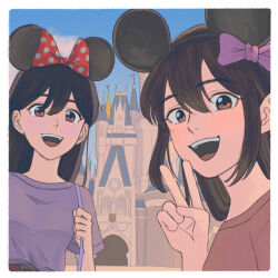  2girls alternate_eye_color aubrey_(faraway)_(omori) aubrey_(omori) black_hair blue_sky blush bow brown_eyes commentary_request day disney hair_behind_ear hair_bow highres long_hair looking_at_viewer mari_(faraway)_(omori) mari_(omori) mickey_mouse_ears msdnno_kabe multiple_girls omori open_mouth outdoors pink_bow purple_shirt red_shirt shirt sky smile t-shirt teeth upper_teeth_only v 