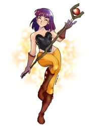  1boy araalia armor blunt_bangs boots breastplate closed_eyes commentary elbow_gloves english_commentary full_body gloves groin highres holding holding_staff knee_boots mage_staff medium_hair purple_hair slayers smile staff xelloss 