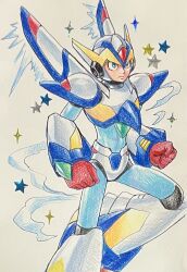  1boy android armor clenched_hands closed_mouth cowboy_shot falcon_armor_x_(mega_man) forehead_jewel green_eyes grey_background hashtag-only_commentary helmet hijiriiyaa krita_(medium) male_focus mechanical_wings mega_man_(series) mega_man_x_(series) simple_background solo traditional_media white_armor white_helmet wings x_(mega_man) 