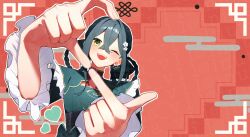  1girl black_sash blush china_dress chinese_clothes chinese_knot commentary_request crossed_bangs dress flower flower-shaped_pupils frills green_dress green_eyes green_hair hair_flower hair_ornament hair_ribbon heart heart_hands highres inuta_v11 long_hair looking_at_viewer nijisanji one_eye_closed ribbon sash shanghai_neckline smile symbol-shaped_pupils togawa_nonoha virtual_youtuber wide_sleeves 