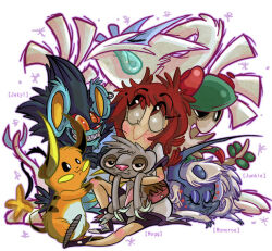  1girl absol bag blush breloom cartoonized holding holding_pokemon looking_at_another lugia luxray original pokemon pokemon_(creature) raichu red_eyes red_hair satchel slaking sleeping slothyshroom smile toon_(style) white_background 