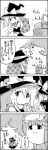  4koma apron bag basket bow braid comic flat_gaze from_behind funghi hair_bow hat hat_bow highres kirisame_marisa long_hair monochrome mushroom nintendo osawari_tantei patchouli_knowledge sack smile super_mushroom tani_takeshi touhou translation_request witch_hat yukkuri_shiteitte_ne 