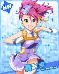  1girl character_name earrings gloves hat idolmaster idolmaster_million_live! jewelry looking_at_viewer maihama_ayumu multicolored_hair necktie pink_eyes pink_hair running skirt solo 