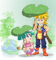  1boy 1girl after_rain animal aqua_hair blonde_hair blue_eyes blue_flower blue_pants blue_shirt boots bow bush closed_mouth commentary_request cross_scar dew_drop flower gloves hair_bow hand_up high_ponytail highres holding holding_leaf hydrangea japanese_clothes leaf leaf_umbrella long_hair looking_at_another looking_back low_ponytail mashin_eiyuuden_wataru mizutani_kenta open_mouth orange_sash outdoors pants pink_boots pink_bow pink_pants pink_shirt plant pointy_ears ponytail scar scar_on_chin scar_on_face scarf sheath sheathed shinobibe_himiko shirt short_hair smile snail spiky_hair squatting standing sword sword_on_back tabard thick_eyebrows toraou water_drop weapon weapon_on_back white_gloves white_scarf wristband 