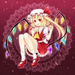  1girl ascot blonde_hair chisa doily flandre_scarlet floral_background gradient gradient_background hat hat_ribbon knees_up looking_at_viewer mary_janes mob_cap open_mouth red_background red_eyes ribbon shoes short_hair short_sleeves side_ponytail skirt skirt_set socks solo touhou wings 