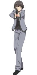  1boy aiming aiming_at_viewer anime_coloring ansatsu_kyoushitsu black_hair black_necktie black_shoes black_vest brown_eyes closed_mouth collared_shirt frown full_body grey_jacket grey_pants gun holding holding_gun holding_weapon isogai_yuuma jacket kunugigaoka_middle_school_uniform morita_kazuaki necktie official_art pants school_uniform shirt shoes simple_background solo standing tachi-e transparent_background vest weapon white_shirt 