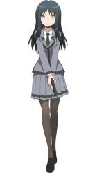  1girl anime_coloring ansatsu_kyoushitsu black_hair black_necktie black_shoes brown_eyes closed_mouth collared_shirt full_body grey_jacket grey_skirt gun handgun holding holding_gun holding_weapon jacket kanzaki_yukiko kunugigaoka_middle_school_uniform morita_kazuaki necktie official_art pantyhose school_uniform shirt shoes simple_background skirt smile solo standing tachi-e transparent_background weapon white_shirt 