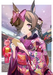  2girls absurdres animal_ears bigboss021 bow braid braided_ponytail breath brown_hair commentary_request ear_bow ear_covers ema flipped_hair floral_print floral_print_kimono flower hair_flower hair_ornament hair_over_one_eye hairband haru_urara_(umamusume) headband highres holding holding_ema horse_ears horse_girl horse_tail japanese_clothes kimono long_hair looking_at_viewer multiple_girls new_year obi outdoors parted_lips pink_hair pink_headband pink_kimono ponytail print_kimono purple_bow purple_kimono red_headband rice_shower_(umamusume) sandals sash sky snow socks tail umamusume violet_eyes white_socks 