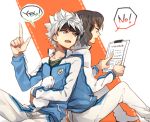  2boys back-to-back brown_hair english headband ibuki_munemasa inazuma_eleven_(series) inazuma_eleven_go inazuma_eleven_go_galaxy jaenbba lightning_bolt male multiple_boys open_mouth shindou_takuto shinsei_inazuma_japan sitting track_jacket white_hair 