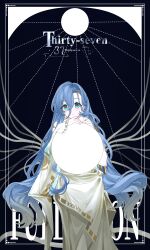  1girl 37_(reverse:1999) absurdres ancient_greek_clothes ball black_background blue_eyes blue_hair border character_name closed_mouth commentary english_commentary english_text feet_out_of_frame greco-roman_clothes hair_between_eyes hands_up highres holding holding_ball inset_border long_hair looking_at_viewer outside_border reverse:1999 sitting solo straight-on toga very_long_hair white_border zaoshuhua 