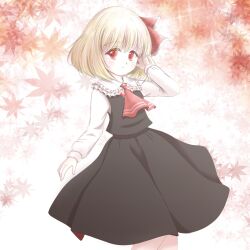  1girl 4183rumia ascot black_skirt black_vest blonde_hair commentary_request cowboy_shot frilled_shirt_collar frills hair_ribbon hand_up highres leaf light_blush long_sleeves maple_leaf red_ascot red_eyes red_ribbon ribbon rumia shirt short_hair skirt snowflakes solo touhou vest white_background white_shirt 