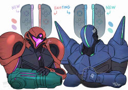  1boy 1girl anger_vein arm_cannon armor artist_name assault_visor clenched_hand commentary_request helmet joy-con_2 metroid metroid_prime_4:_beyond neon_trim pink_visor power_armor power_suit_(metroid) red_helmet samus_aran shoulder_armor shoulder_spikes spikes sylux_(metroid) vi-o-la_suit wakaba_(wata_ridley) weapon white_background 