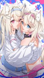  2girls absurdres animal_ear_fluff animal_ears bandaid bandaid_hair_ornament belt black_collar blue_belt blue_eyes blue_streaks collar commentary dog_ears dog_girl dog_tail dress fuwawa_abyssgard fuwawa_abyssgard_(1st_costume) hair_ornament hairpin highres hololive hololive_english hug long_hair looking_at_viewer medium_hair mococo_abyssgard mococo_abyssgard_(1st_costume) multicolored_hair multiple_girls nail_polish open_mouth pink_belt pink_eyes pink_nails pink_streaks shirt shorts siblings sisters spiked_collar spikes streaked_hair tail twins u_da_desu very_long_hair virtual_youtuber white_dress white_shirt white_shorts x_hair_ornament 