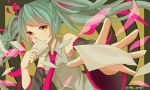  1girl artist_name detached_sleeves foreshortening green_hair hatsune_miku long_hair mai_mugi necktie orange_eyes outstretched_arm paper solo twintails vocaloid 