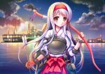  1girl arrow bow_(weapon) fukase_ayaka gloves hairband japanese_clothes kantai_collection long_hair muneate night night_sky personification ship shoukaku_(kantai_collection) silver_hair skirt sky solo water weapon 