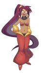  1girl arabian_clothes baggy_pants bandeau bare_shoulders blue_eyes breasts choker cleavage dark_skin earrings harem_pants hoop_earrings jewelry long_hair midriff navel numbers_(boars) open_mouth pointy_ears ponytail purple_hair shantae shantae:_half-genie_hero shantae_(character) solo tiara very_long_hair 