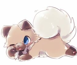  :3 animal_focus baby_animal blue_eyes brown_fur choko_(sweetpocket) commentary_request dog full_body looking_at_viewer lying no_humans on_stomach one_eye_closed pawpads pokemon pokemon_(creature) pokemon_focus puppy rockruff simple_background smile solo tongue tongue_out white_background 