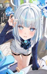  1girl ahoge alternate_hairstyle ascot blue_ascot blue_eyes blue_gem blue_hair blue_jacket blue_nails blush comb commentary_request drop-shaped_pupils furina_(genshin_impact) gem genshin_impact gentilhomme_usher heterochromia highres holding holding_own_hair jacket kabu_usagi long_sleeves looking_at_viewer lumine_(genshin_impact) mademoiselle_crabaletta mismatched_pupils multicolored_hair multicolored_nails nail_polish ouji_fashion shorts solo streaked_hair surintendante_chevalmarin sweatdrop symbol-shaped_pupils thigh_strap translation_request white_hair white_shorts 