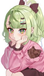  1girl absurdres alternate_costume bandaid bandaid_hair_ornament black_bow bow chinatsu_remiel closed_mouth commentary ear_piercing earrings elbows_on_knees english_commentary frilled_sleeves frills green_eyes green_hair hair_bow hair_ornament head_rest heart heart_hair_ornament highres jewelry looking_at_viewer multicolored_eyes multiple_hair_clips musical_note_earrings piercing pink_shirt ponytail rabbit_hair_ornament shirt simple_background solo sparkling_eyes unfinished white_background yamisroot yellow_eyes zenless_zone_zero 