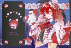  1boy absurdres androgynous apple award_ribbon black_vest blue_background blush border bow bowtie buttons capelet cat chain cherry chibi chibi_inset collared_shirt commentary double-breasted drop_shadow ear_bow flower food fruit gold_chain gold_trim hanasaki_miyabi hat hat_flower hat_ribbon heart hello_kitty hello_kitty_(character) highres holostars holostars_idol_uniform_(1st_act) jacket lace lace_border male_focus medium_hair mini_hat mini_top_hat mizamimiz open_clothes open_jacket ornate_border pixel_art_inset red_bow red_bowtie red_capelet red_hair ribbon sanrio sash shirt side_cape sleeve_cuffs symbol-only_commentary top_hat upper_body vest virtual_youtuber waistcoat white_jacket yellow_eyes yellow_sash 