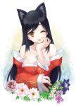  1girl :p ahri animal_ears bare_shoulders black_hair blush breasts bust cleavage detached_sleeves flower fox_ears league_of_legends long_hair lono solo tongue wink yellow_eyes 