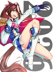  1girl 2026 absurdres animal_ears ascot asymmetrical_gloves black_gloves blue_eyes boots bow brown_hair buttons cape commentary dated double-breasted ear_bow ear_ribbon english_commentary epaulettes gloves hair_between_eyes high_ponytail highres horse_ears horse_girl horse_tail jacket long_hair long_sleeves looking_at_viewer mismatched_gloves moren_eh multicolored_hair multicolored_jacket one_eye_closed open_mouth pink_ascot ponytail red_cape shirt simple_background single_epaulette skirt smile solo streaked_hair tail teeth thighs tokai_teio_(peak_joy)_(umamusume) tokai_teio_(umamusume) two-tone_hair two-tone_jacket two-tone_skirt umamusume upper_teeth_only w white_background white_boots white_gloves white_hair white_jacket white_skirt 