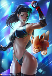  arm_up ass bikini black_thighhighs blush breasts commentary covered_nipples english_commentary fingerless_gloves gloves hand_up highres huge_ass large_breasts lipstick makeup navel nemona_(pokemon) patreon_logo patreon_username poke_ball pokemon pokemon_(creature) pokemon_masters_ex pokemon_swsh ponytail swimsuit thigh-highs tonyra 